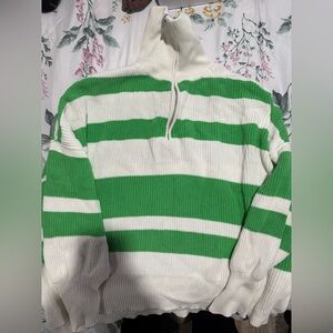 Aerie quarter zip Green and White Striped Sweater